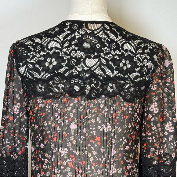 Rebecca Taylor ‘Lyra’ Red Floral Black Lace Pintuck Silk Blouse Women’s Size 00 - Picture 9 of 15